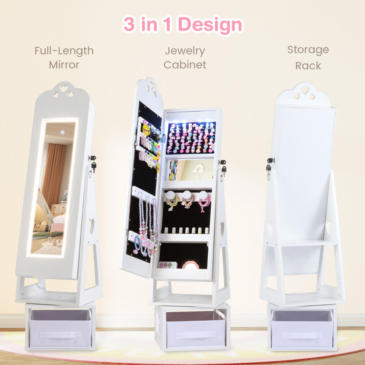 Swivel Kids Jewelry Cabinet with Full-Length Mirror and Lights-White