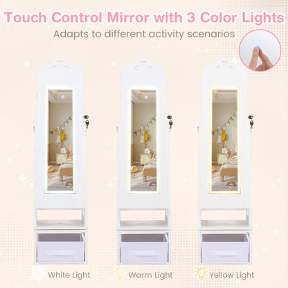 Swivel Kids Jewelry Cabinet with Full-Length Mirror and Lights-White