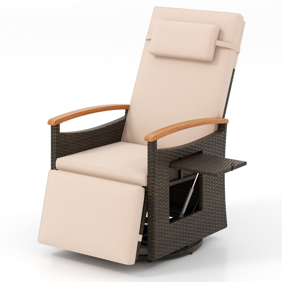 Outdoor 360° Swivel Rattan Recliner Chair with Adjustable Backrest and Footrest-Brown
