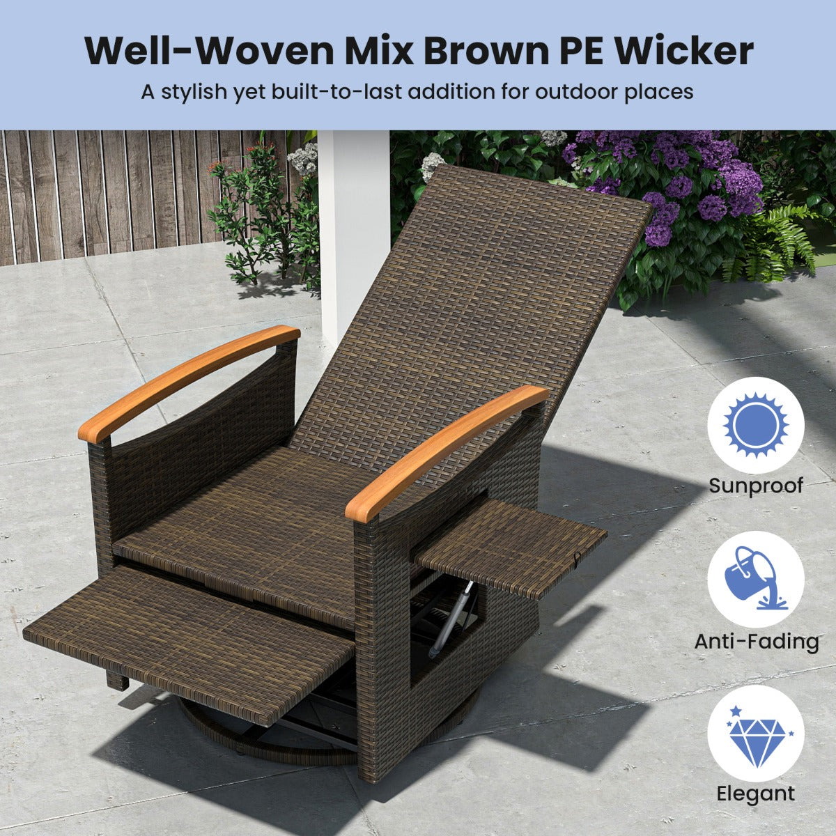 Outdoor 360° Swivel Rattan Recliner Chair with Adjustable Backrest and Footrest-Navy