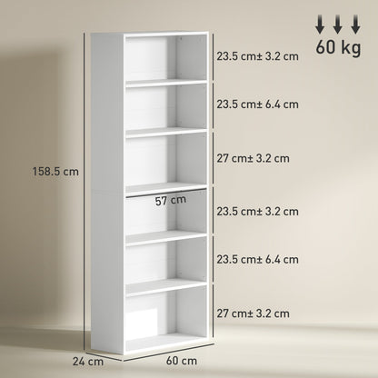 HOMCOM Six Shelf Bookcase - White