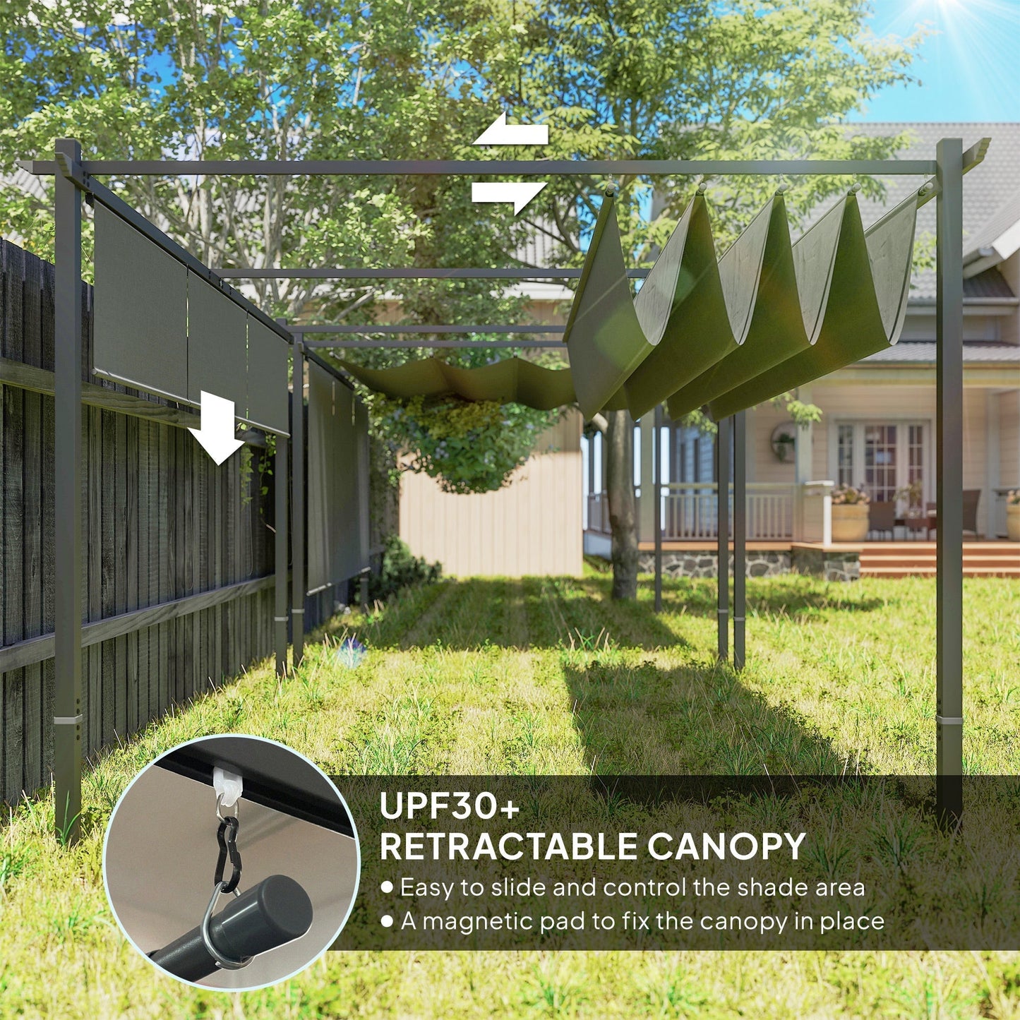 Outsunny 3 x 4m Metal Pergola with Retractable Roof and Roller Shade, Free Standing Garden Gazebo Canopy Pergola Kit, UPF30+ Outdoor Sun Shade Shelter, Grey