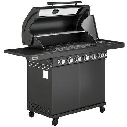 Outsunny 6+1 Burner Gas BBQ Grill, Outdoor Barbecue Trolley with Wheels, Warming Rack, Thermometer, Bottle Opener, Black