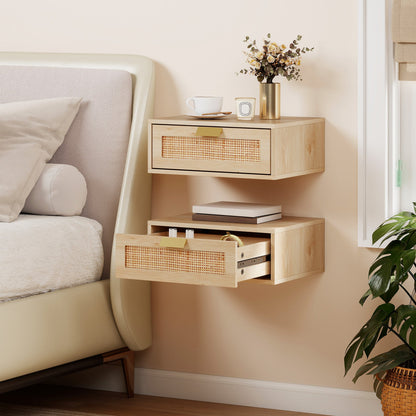 HOMCOM Floating Bedside Tables Set of 2, Wall Mounted Bedside Cabinets with Rattan Drawer and Wood Effect, Oak
