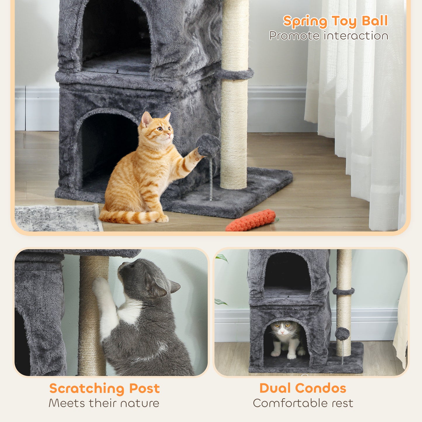 PawHut 66 cm Small Cat Tree for Large Cats, Cat Tower w/ Large Top Perch, 2 Condos, Sisal Scratching Post, Toy Ball, Dark Grey