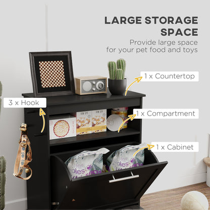 PawHut Pet Feeder Station, Dog, Cat Storage Container, with Raised Bowls, Hanger, Cabinet - Black
