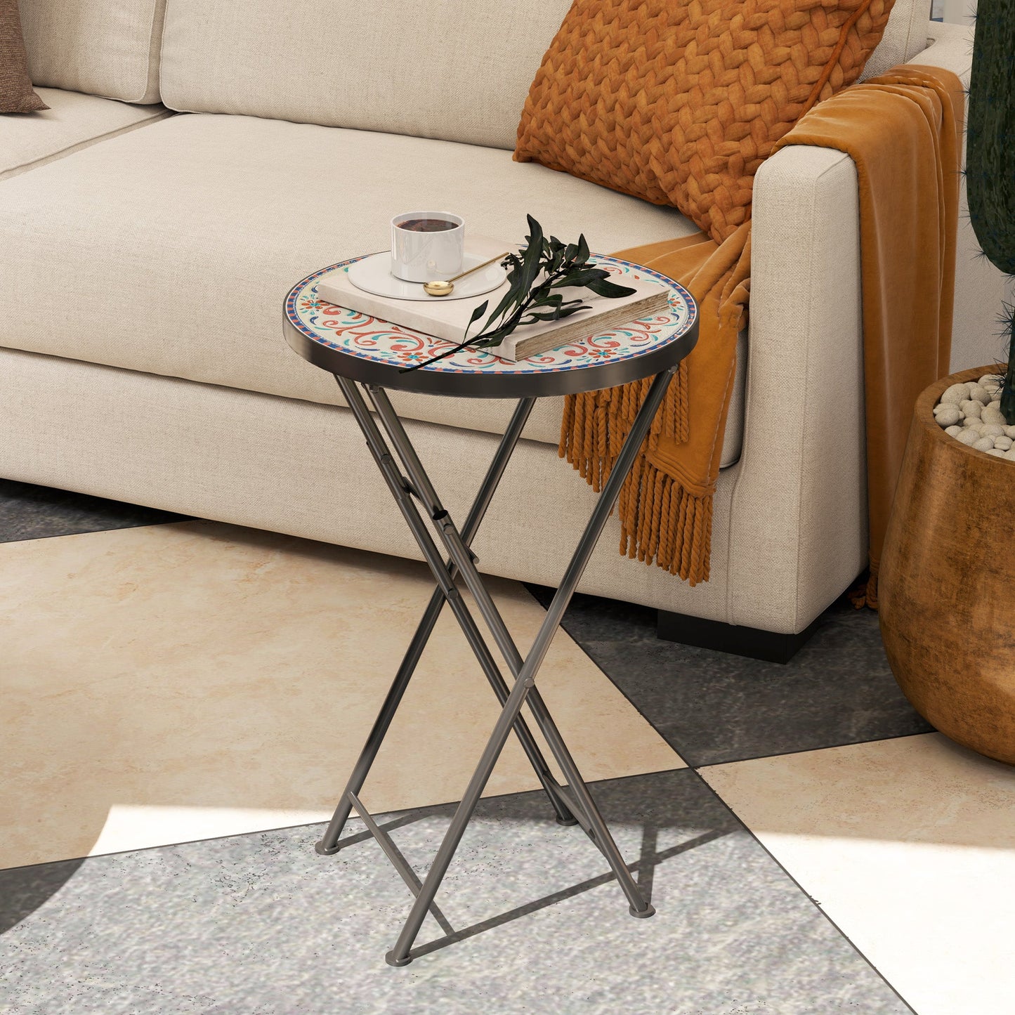 Outsunny Mosaic Outdoor Garden Table, 35.5cm Round Folding Coffee Table with Metal Frame for Balcony Terrace, Multicolour