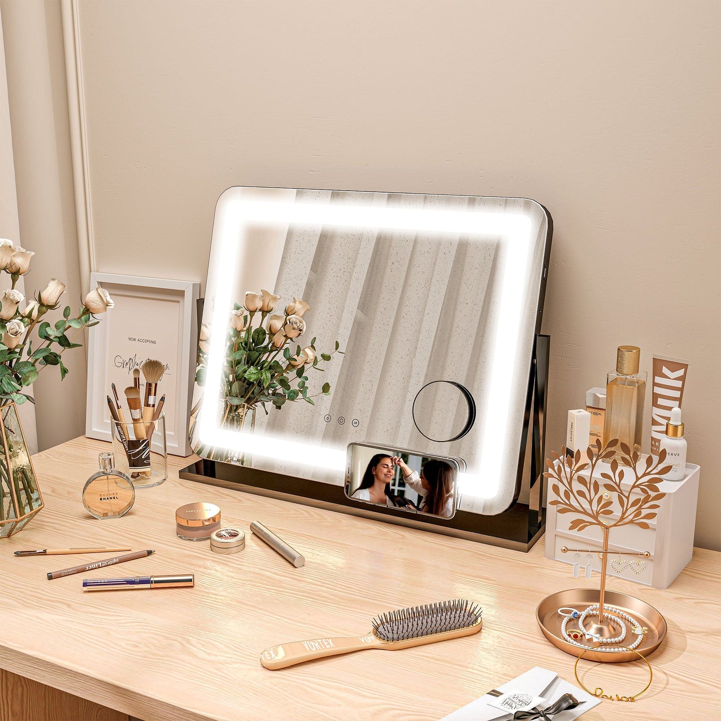 HOMCOM LED Light Tabletop Makeup Mirror, with Adjustable Settings