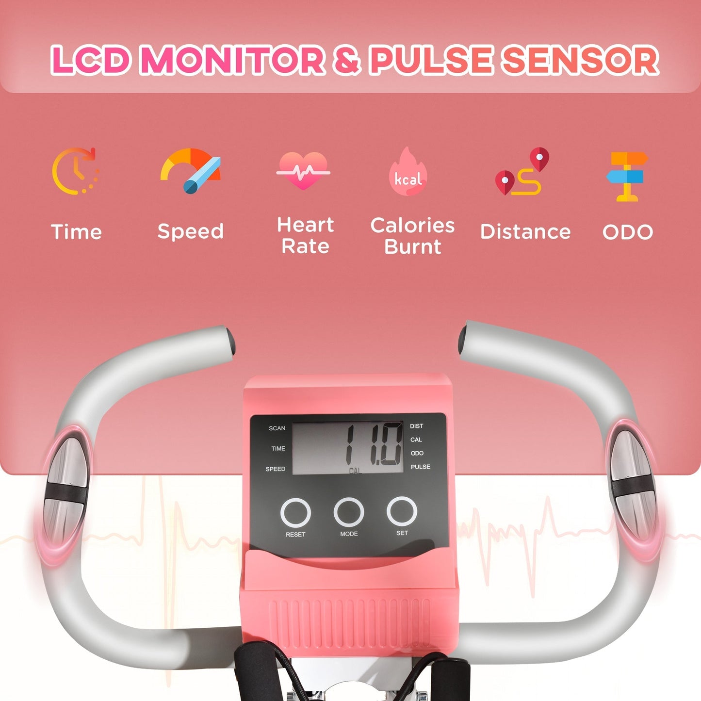 HOMCOM 2-in-1 Folding Exercise Bike with 8-Level Magnetic Resistance, Arm Resistance Band, Pulse Sensor, Pink