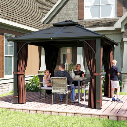Outsunny 3 x 3(m) Hardtop Gazebo Canopy with 7mm Double Polycarbonate Roof, Garden Gazebo Permanent Pavilion with Mosquito Netting and Curtains for Patio, Deck, Brown