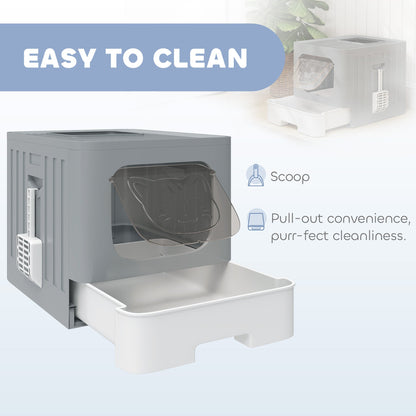PawHut Foldable Cat Litter Box with Lid, Slide-Out Drawer, Scoop, Easy Clean, Odour Control, Anti-Splashing, Grey