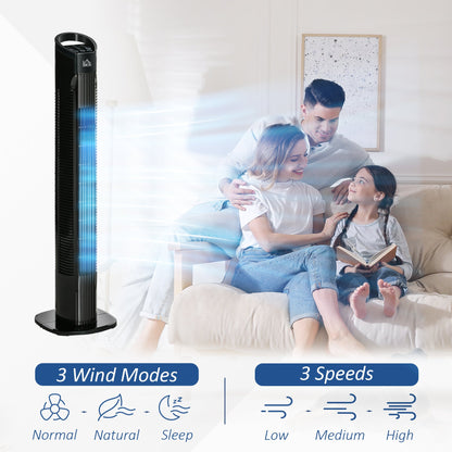 HOMCOM 31" Freestanding Tower Fan, 3 Speed 3 Mode, 7.5H Timer, Oscillating, LED Panel, Remote Control, 31 Inch Standing Fan, Black