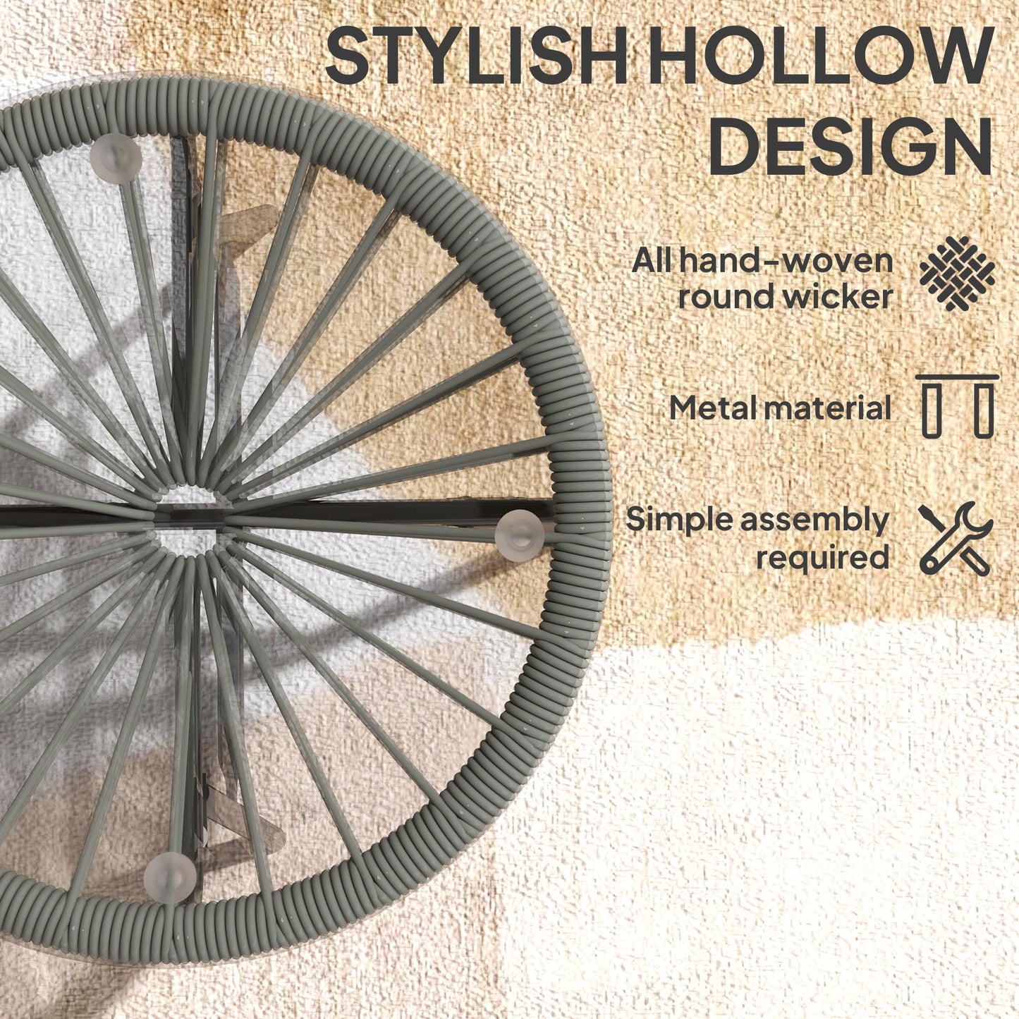 Outsunny Rattan Side Table, Round Outdoor Coffee Table, with Round PE Rattan and Tempered Glass Tabletop, Light Grey
