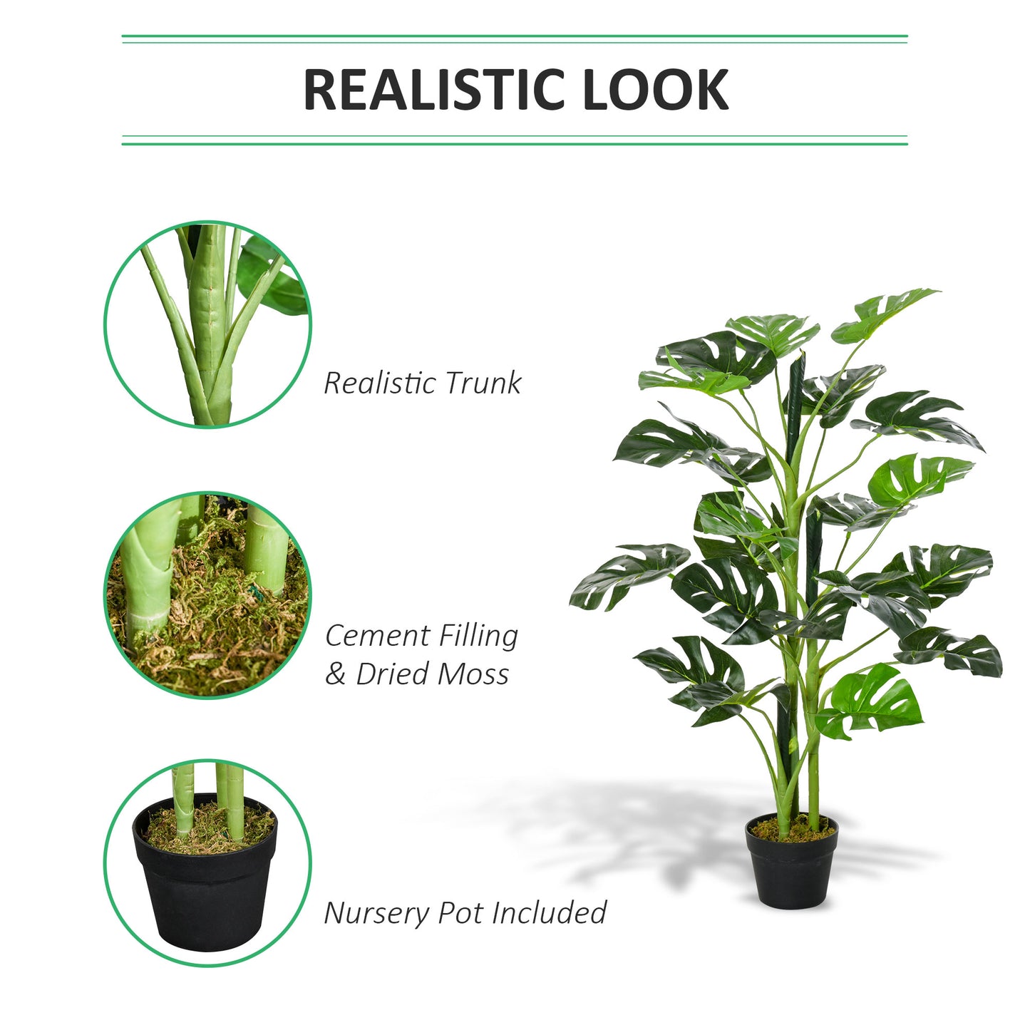 Outsunny 100cm/3.3FT Artificial Monstera Tree Decorative Cheese Plant 21 Leaves with Nursery Pot, Fake Tropical Palm Tree for Indoor DÃ©cor