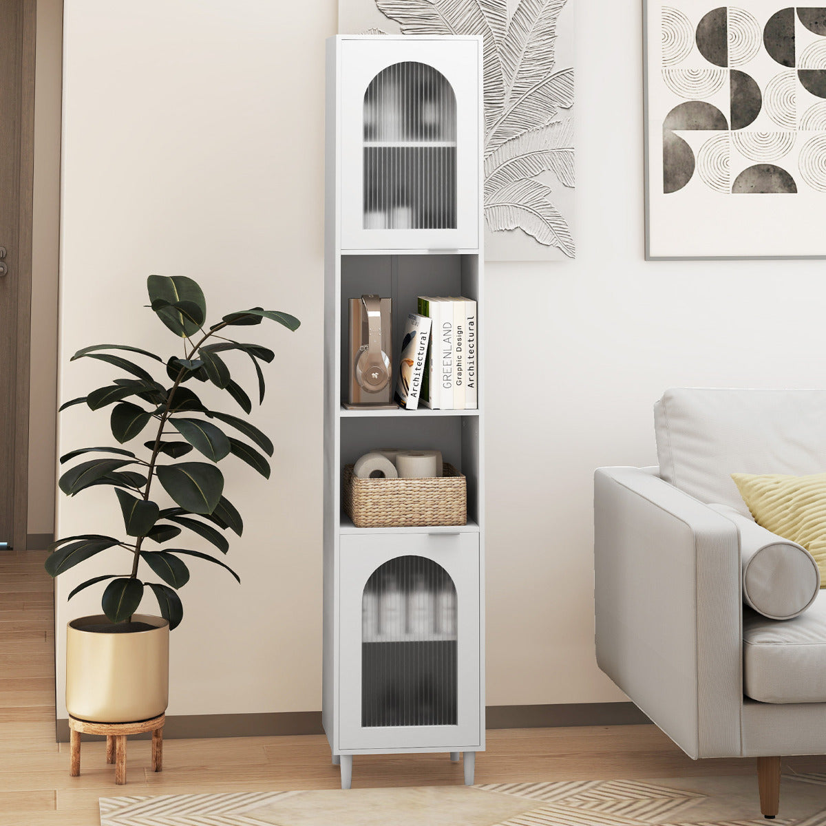 Tall Bathroom Storage Cabinet Narrow Home Organizer with 2 Fluted Glass Doors-White