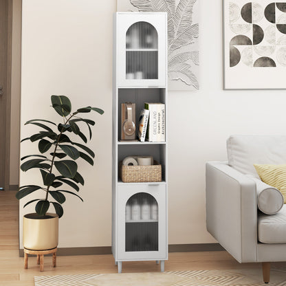 Tall Bathroom Storage Cabinet Narrow Home Organizer with 2 Fluted Glass Doors-White