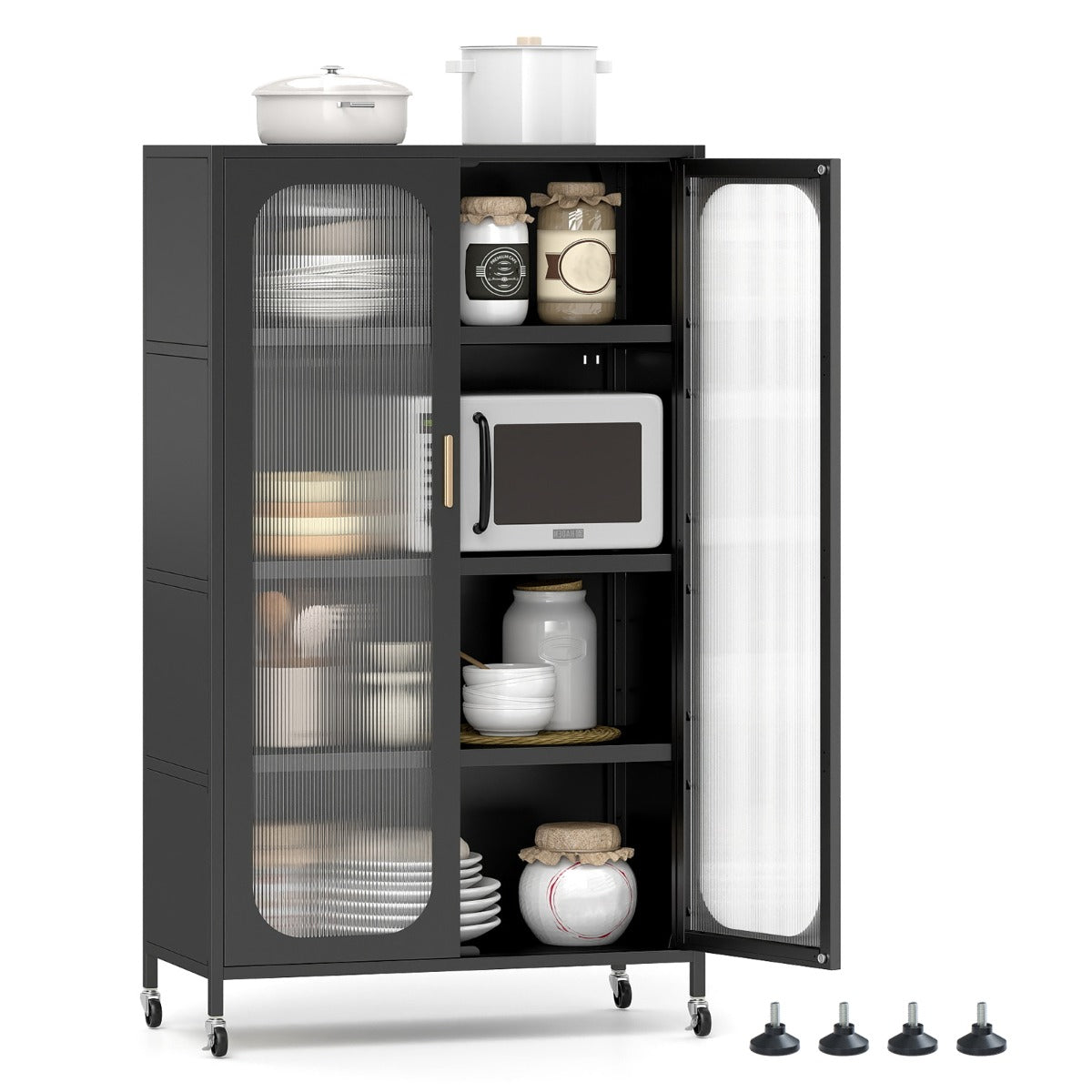 5-Tier Tall Kitchen Pantry with Adjustable Shelves and Semi-Transparent Doors-Black