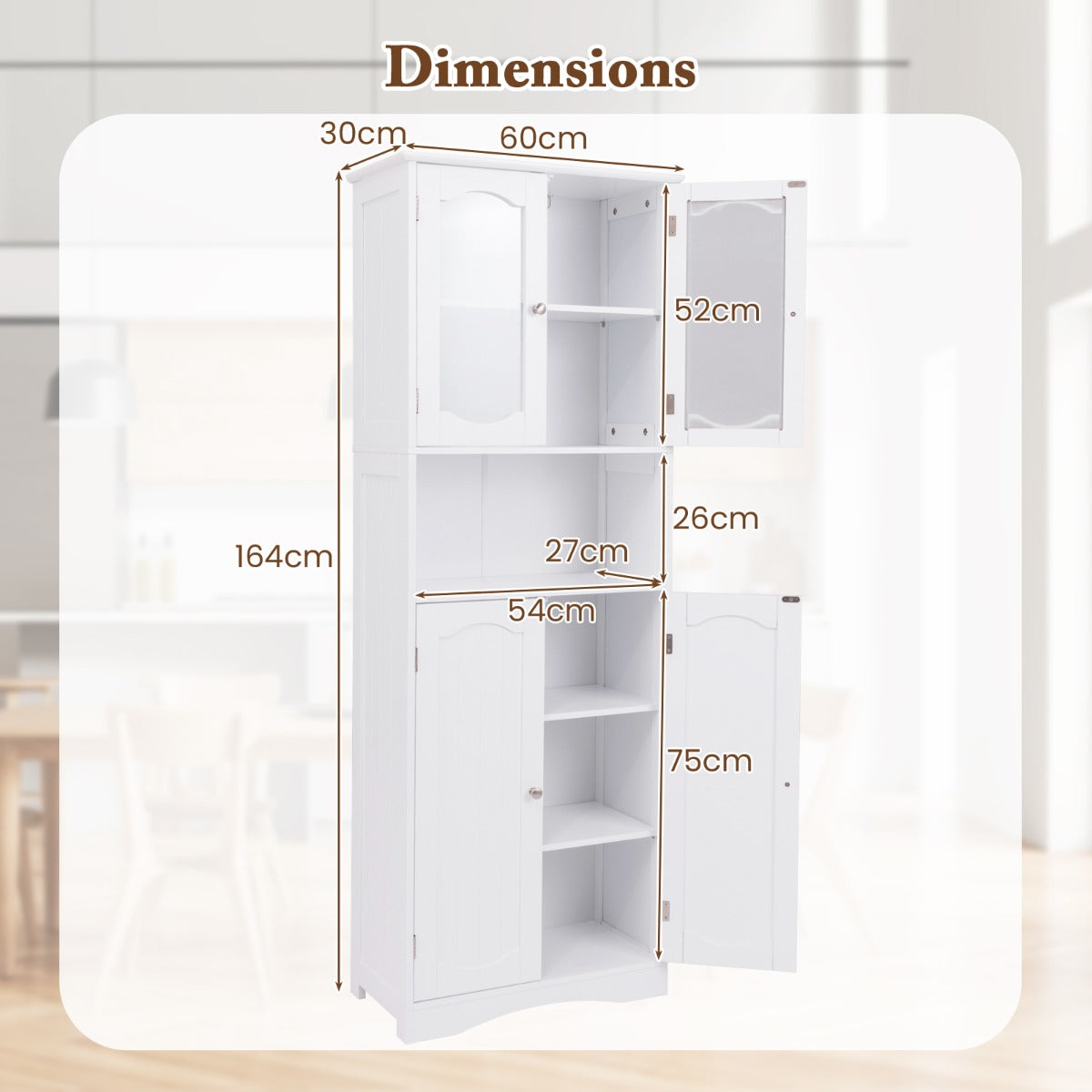 Tempered Glass Door Pantry Cabinet with 3-Position Adjustable Shelves-White