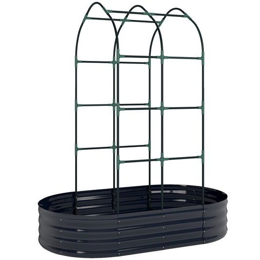 Outsunny Galvanised Raised Garden Bed with Arched Trellis, 5 x 3 x 6ft Metal Raised Bed for Garden with Open Bottom, Dark Grey