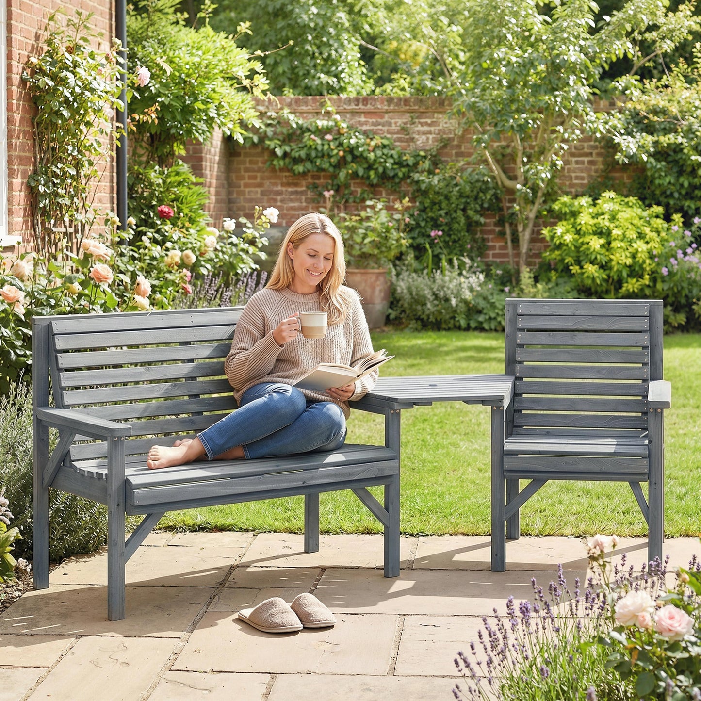 Outsunny Wooden Garden Furniture Set with Parasol Hole, 1 Chair, 1 Bench and Detachable Table, Grey Embossed Finish