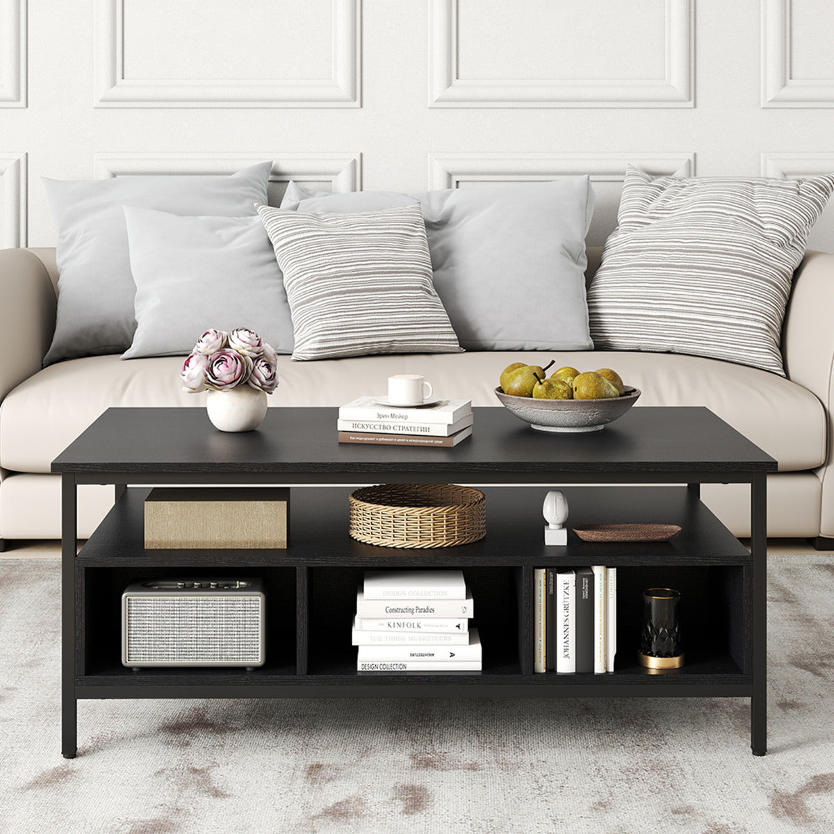 Industrial 3-Tier Coffee Table ith Open Shelf and 6 Compartments-Black