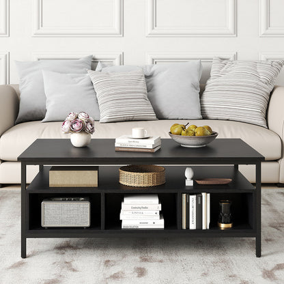 Industrial 3-Tier Coffee Table ith Open Shelf and 6 Compartments-Black