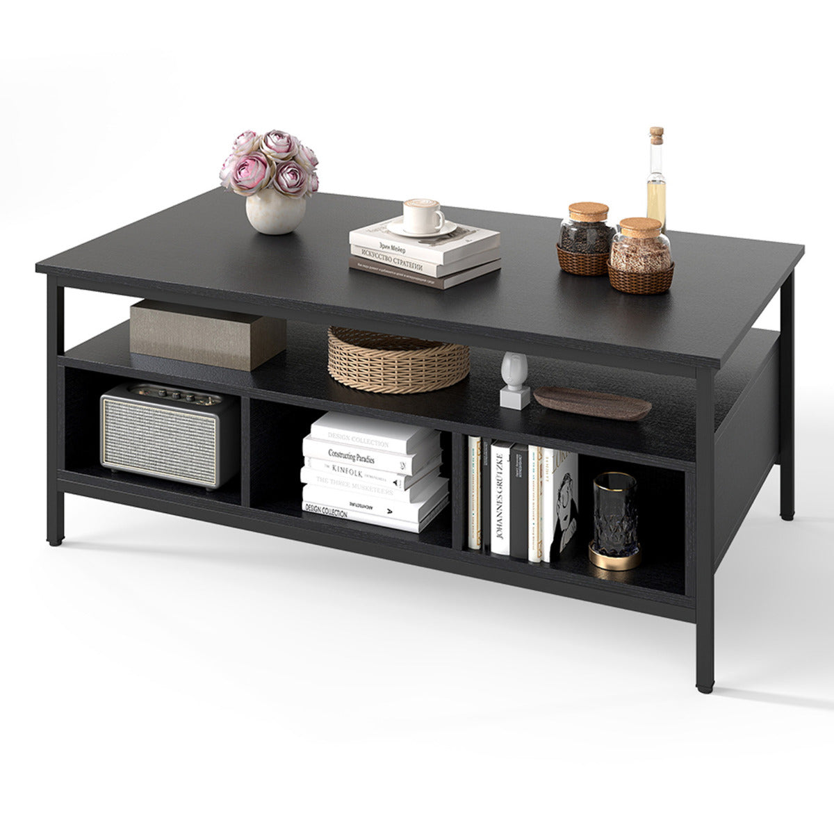 Industrial 3-Tier Coffee Table ith Open Shelf and 6 Compartments-Black