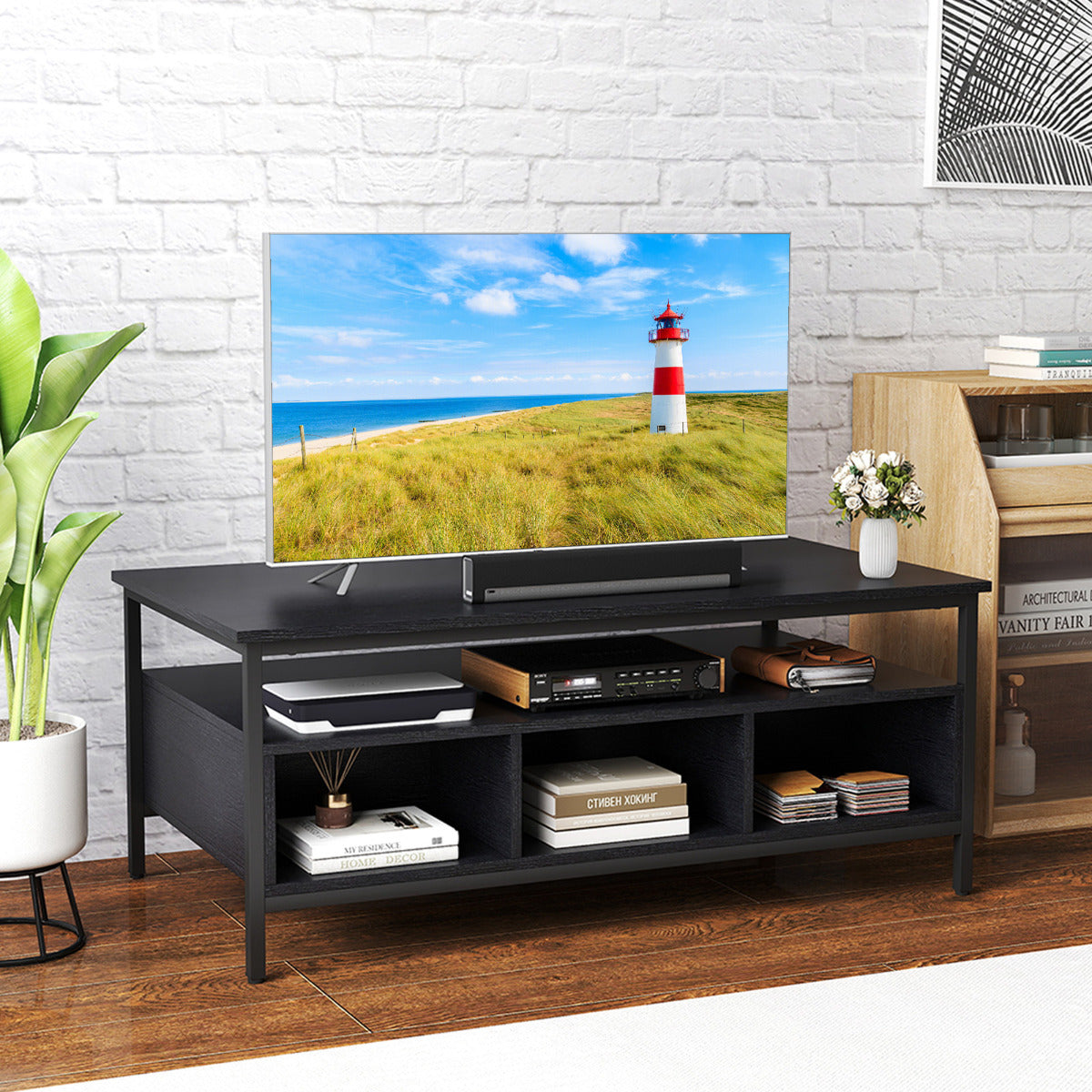 Industrial 3-Tier Coffee Table ith Open Shelf and 6 Compartments-Black
