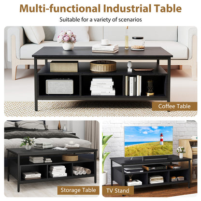 Industrial 3-Tier Coffee Table ith Open Shelf and 6 Compartments-Black