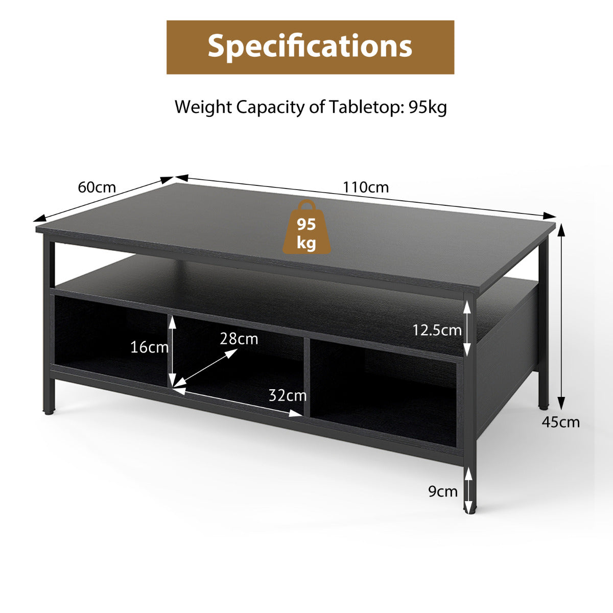 Industrial 3-Tier Coffee Table ith Open Shelf and 6 Compartments-Black