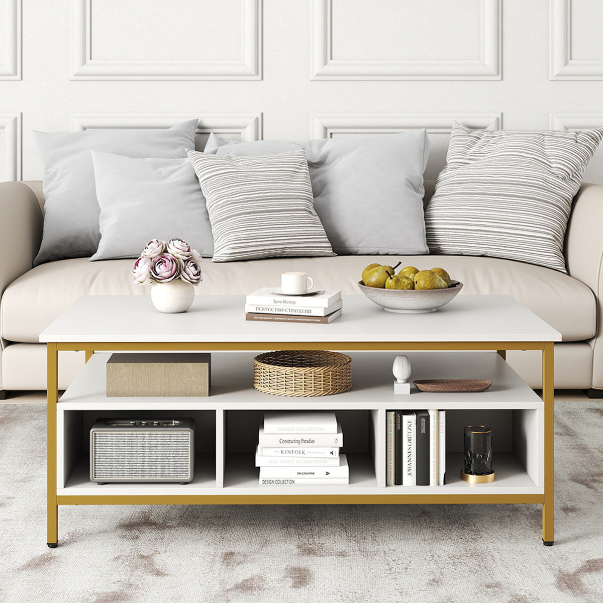 Industrial 3-Tier Coffee Table ith Open Shelf and 6 Compartments-White