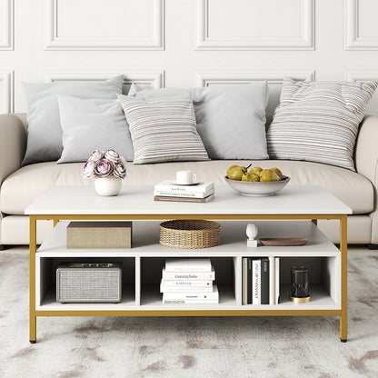 Industrial 3-Tier Coffee Table ith Open Shelf and 6 Compartments-White