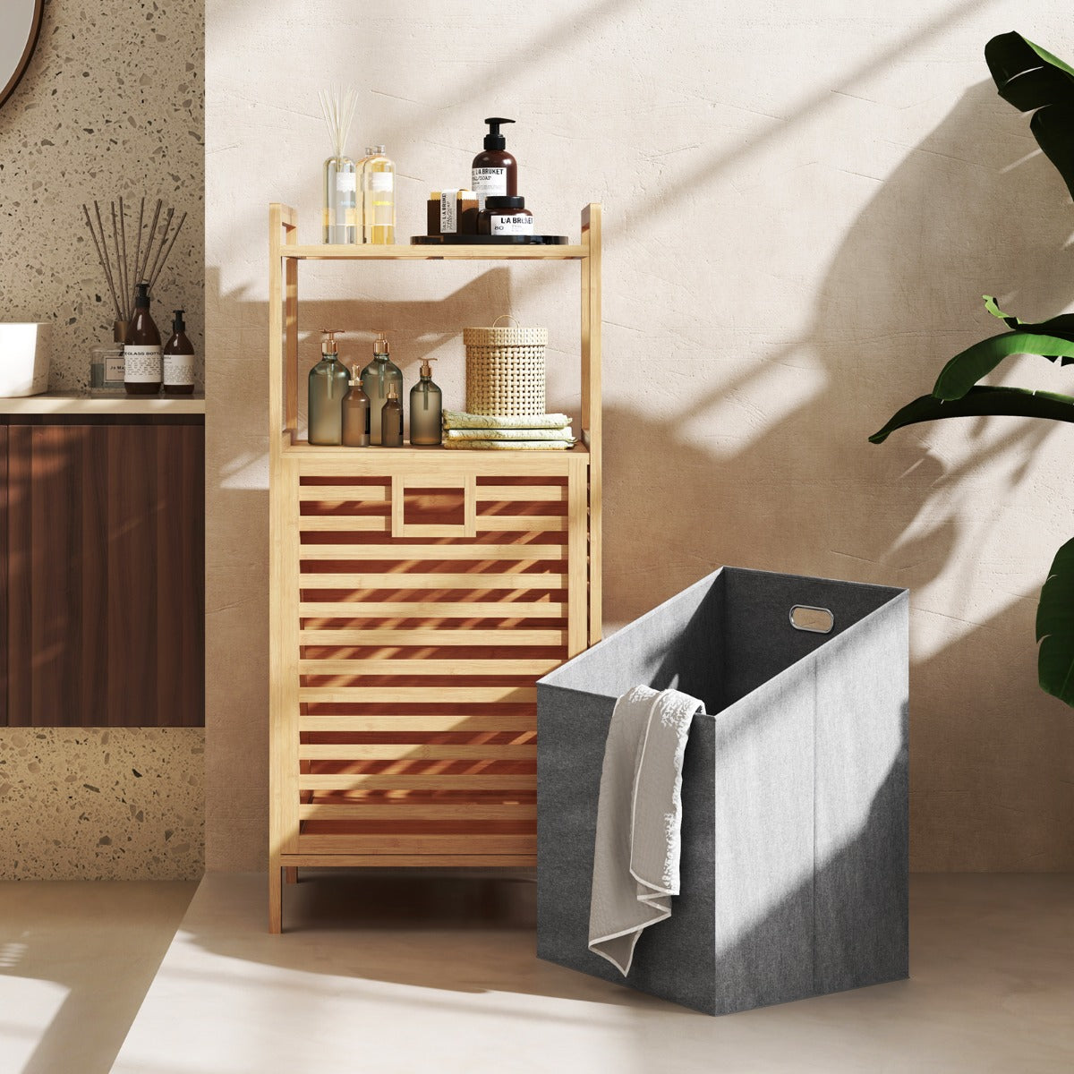Tilt out Laundry Hamper with 2-Tier Storage Shelves-Natural