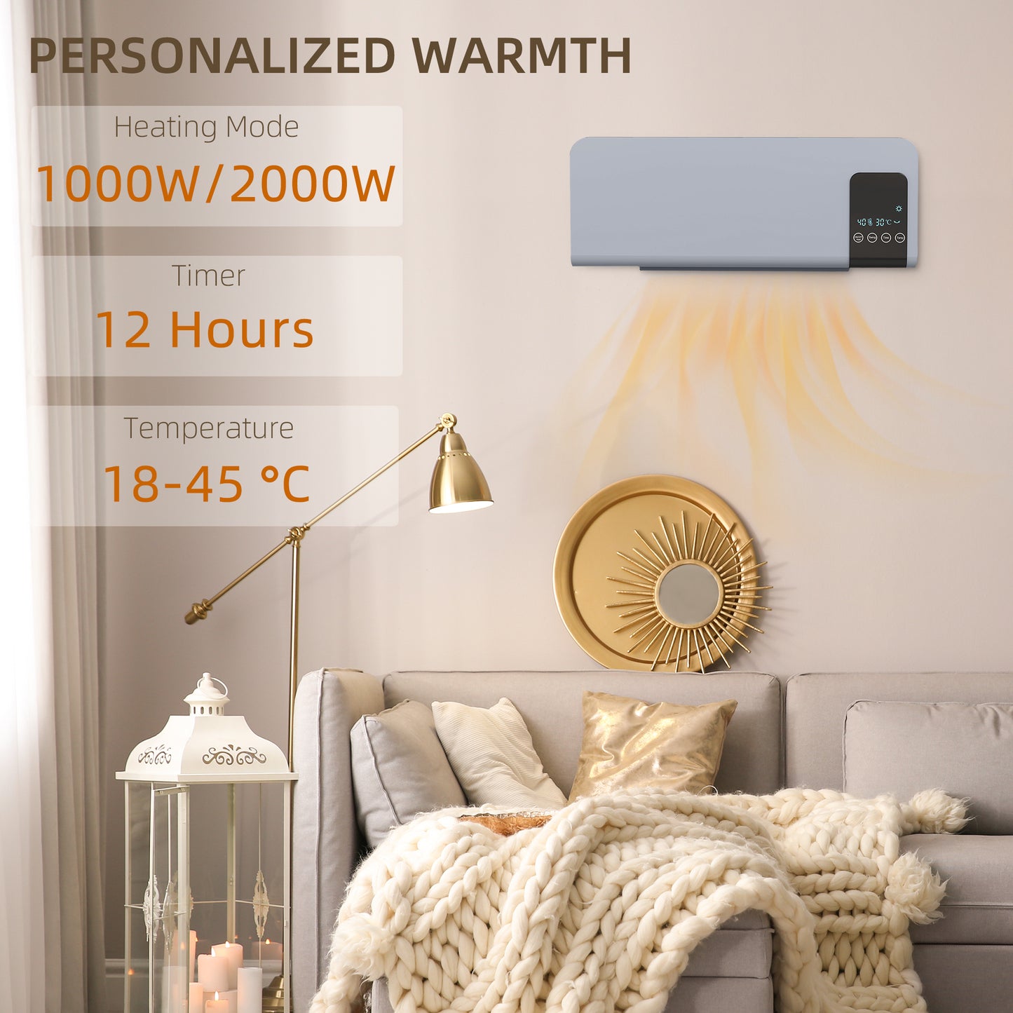 HOMCOM 2000W Wall Mounted Heater, 18-45Â°C Temperature, Grey