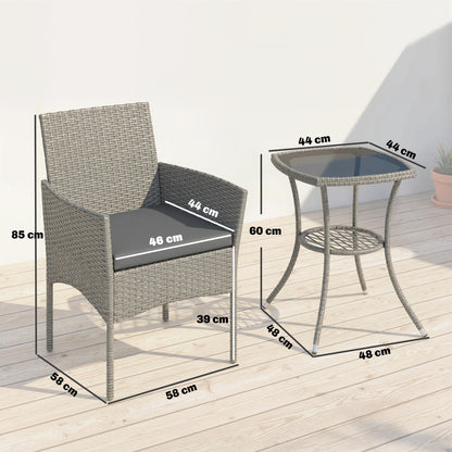 Outsunny 3 Piece Rattan Bistro Set, PE Wicker Garden Furniture Conversation Set with 2 Tier Glass-Top Table, Chairs, Dark Grey