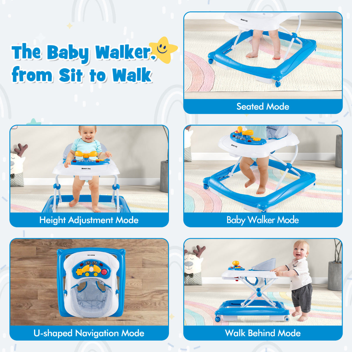 Toddler Activity Center Push Walker with 3 Adjustable Heights-Blue