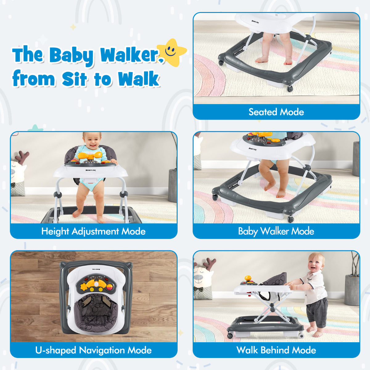 Toddler Activity Center Push Walker with 3 Adjustable Heights-Grey