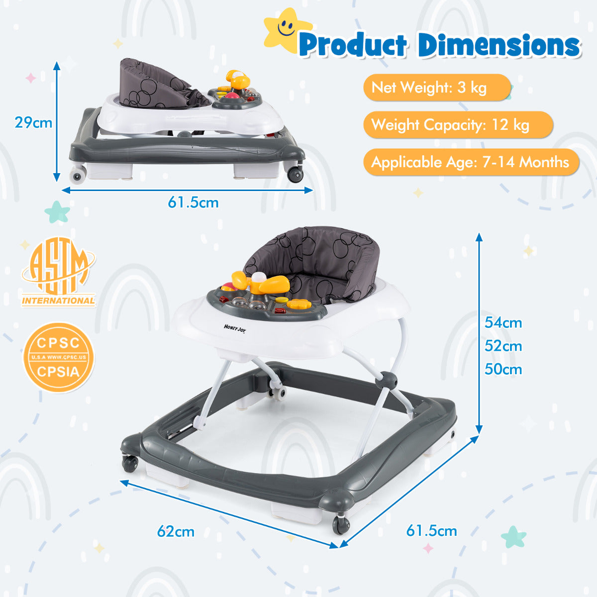 Toddler Activity Center Push Walker with 3 Adjustable Heights-Grey