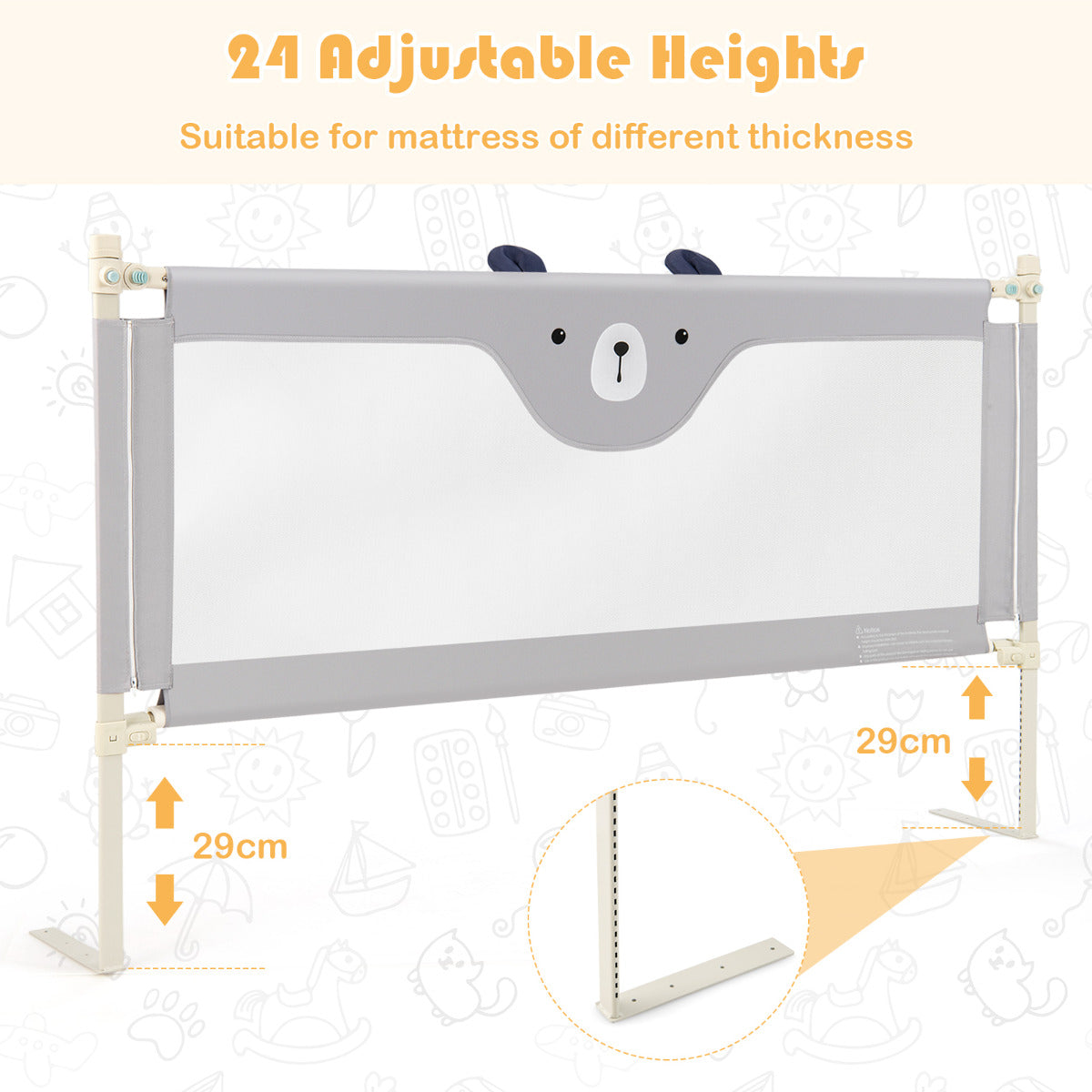 Toddler Bedrail with 24-Level Height Adjustment-Grey