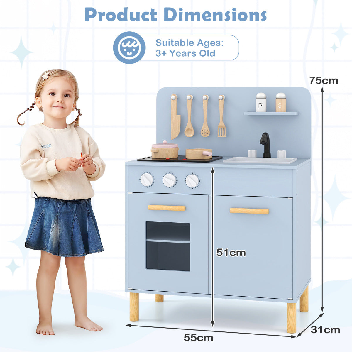 Toddler Pretend Play Kitchen with Light up Stove and Cooking Sounds-Blue