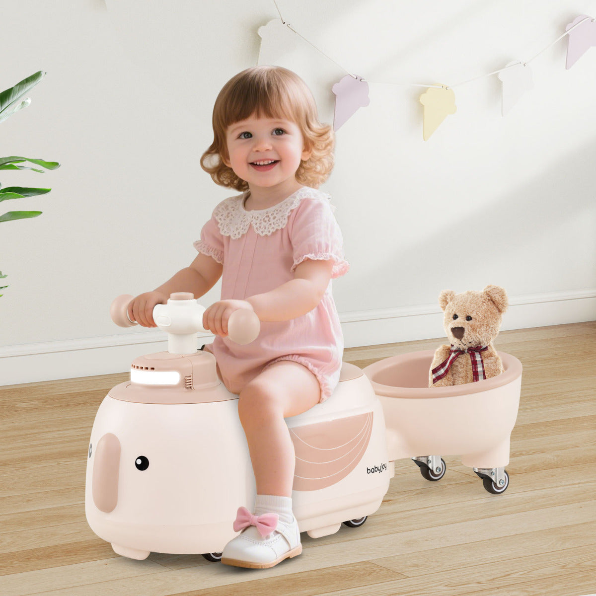 Toddler Ride on Toy with Trailer Sliding Car with Light and Music-Beige