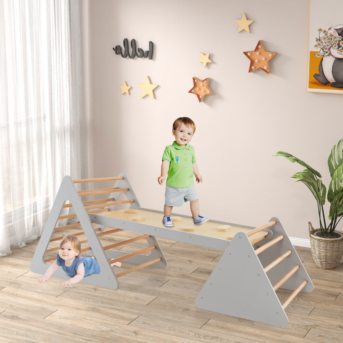 Toddler Triangle Set Montessori 3 Piece Kids Climbing Toys Indoor Outdoor with 2 Climbing Triangles and 1 Ramp-Grey