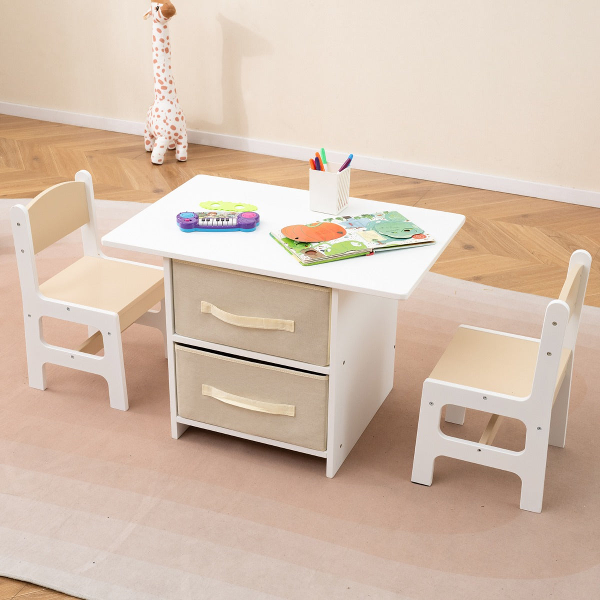 Toddler Wooden Activity Table &amp; 2 Chairs Set with 2 Fabric Storage Bins-Beige