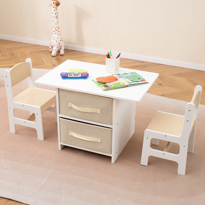 Toddler Wooden Activity Table &amp; 2 Chairs Set with 2 Fabric Storage Bins-Beige