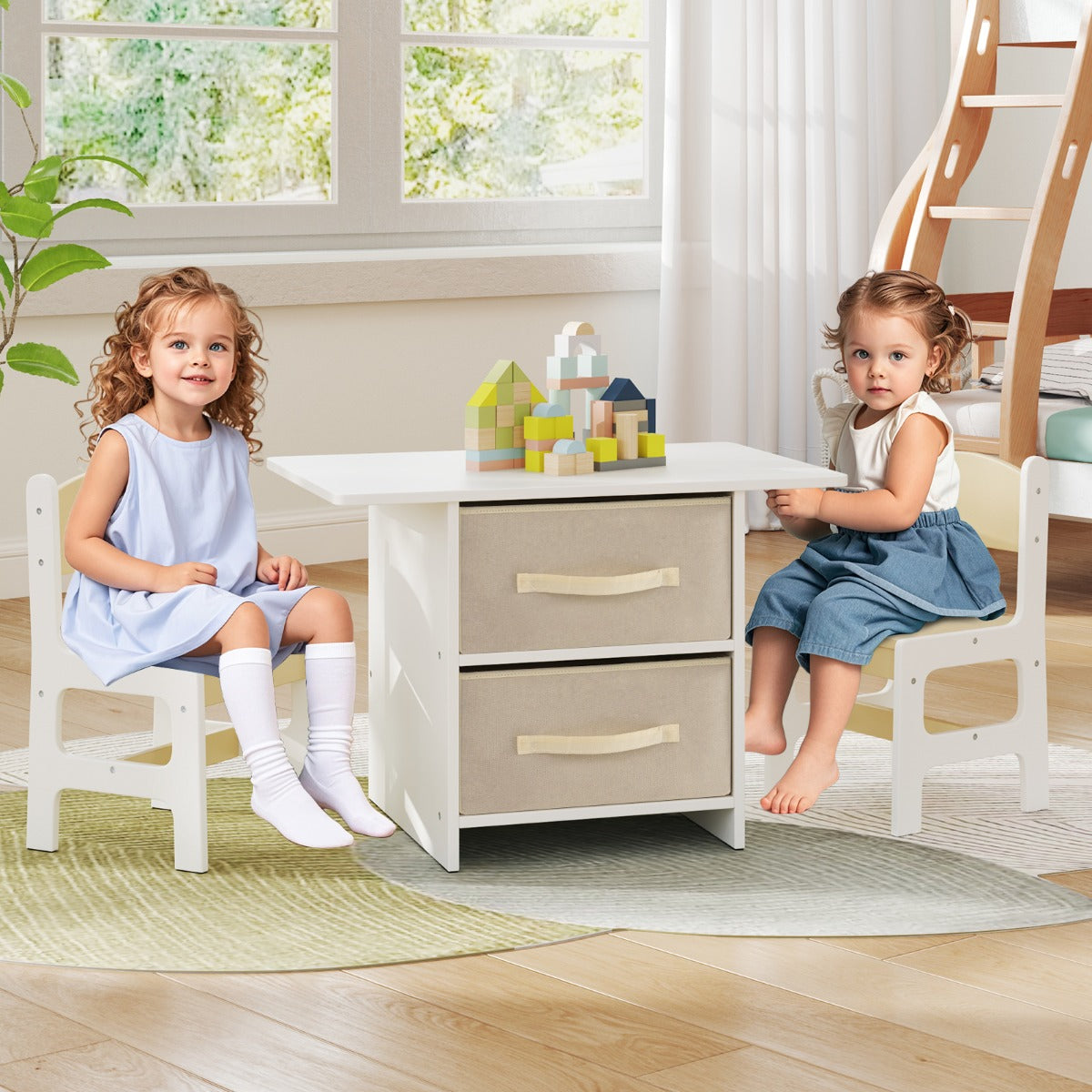 Toddler Wooden Activity Table &amp; 2 Chairs Set with 2 Fabric Storage Bins-Beige