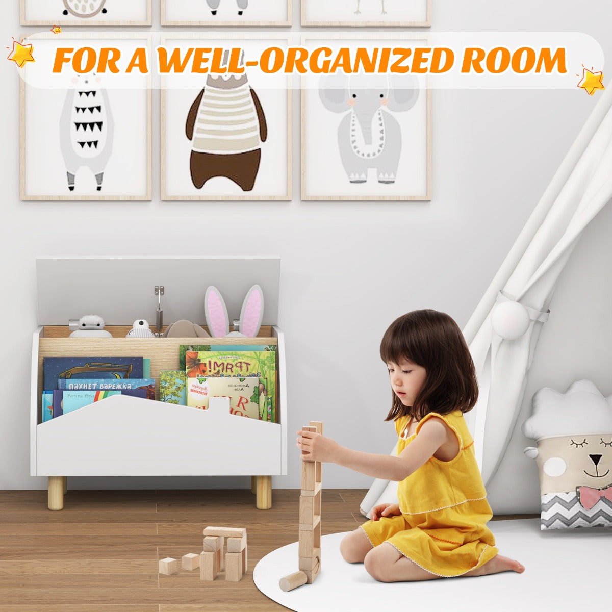 Kids Toy Box with Safety Hinge for Playroom-White