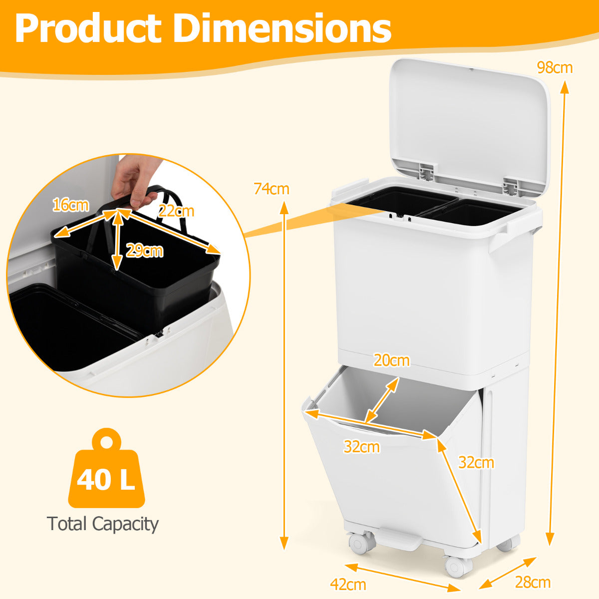 Trash Can with 2 Removable Bins and Tilting Compartment