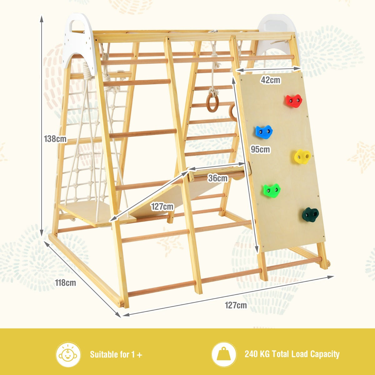 8-in-1 Wooden Jungle Gym Playset with Monkey Bars &amp; Climbing Ladder-Natural