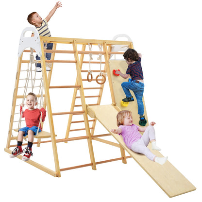 8-in-1 Wooden Jungle Gym Playset with Monkey Bars &amp; Climbing Ladder-Natural