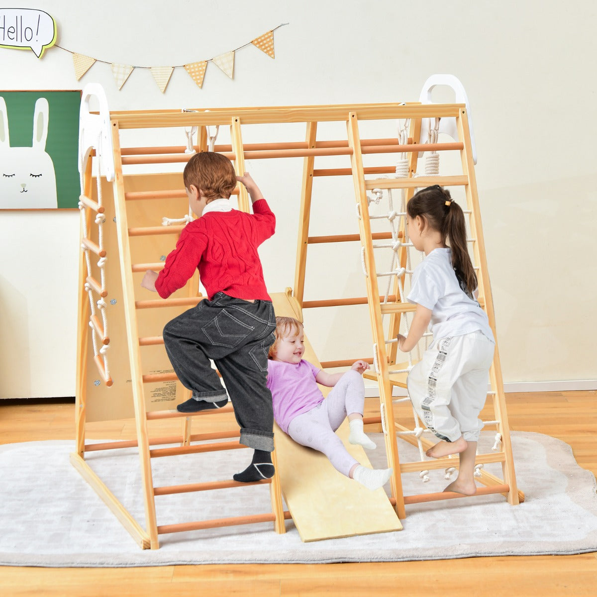 8-in-1 Wooden Jungle Gym Playset with Monkey Bars &amp; Climbing Ladder-Natural